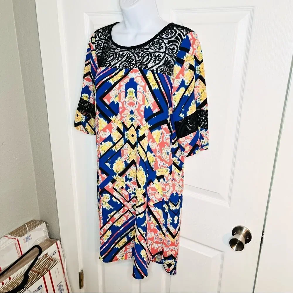 Socialite Watercolor Floral Geometric Black Lace Yoke Mini Dress Royal Blue S